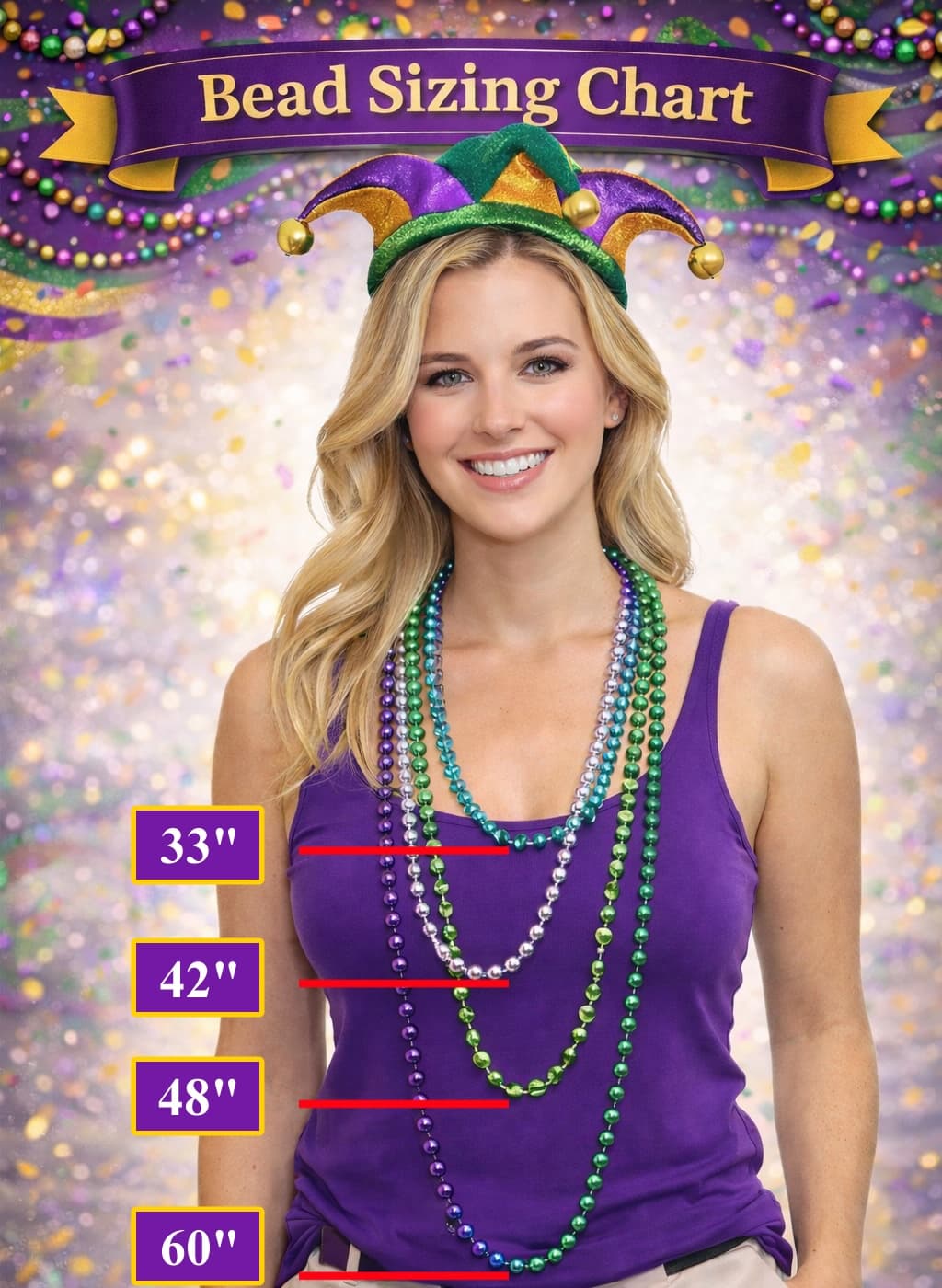 Visual guide showing 33, 42, 48, and 60 inch strand lengths