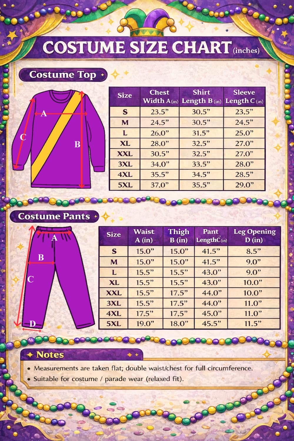 Costume sizing chart with measurement diagrams for tops and pants