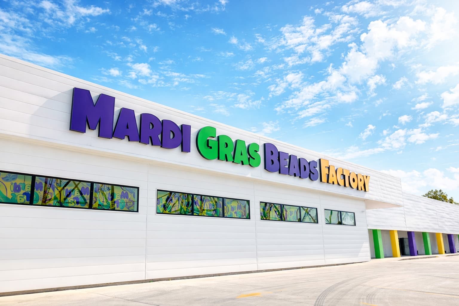 Mardi Gras Beads Factory storefront in Bridge City, Louisiana